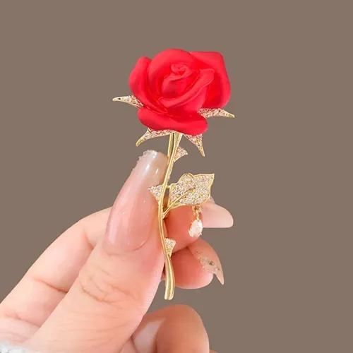 Classic Red Rose Flower Brooch